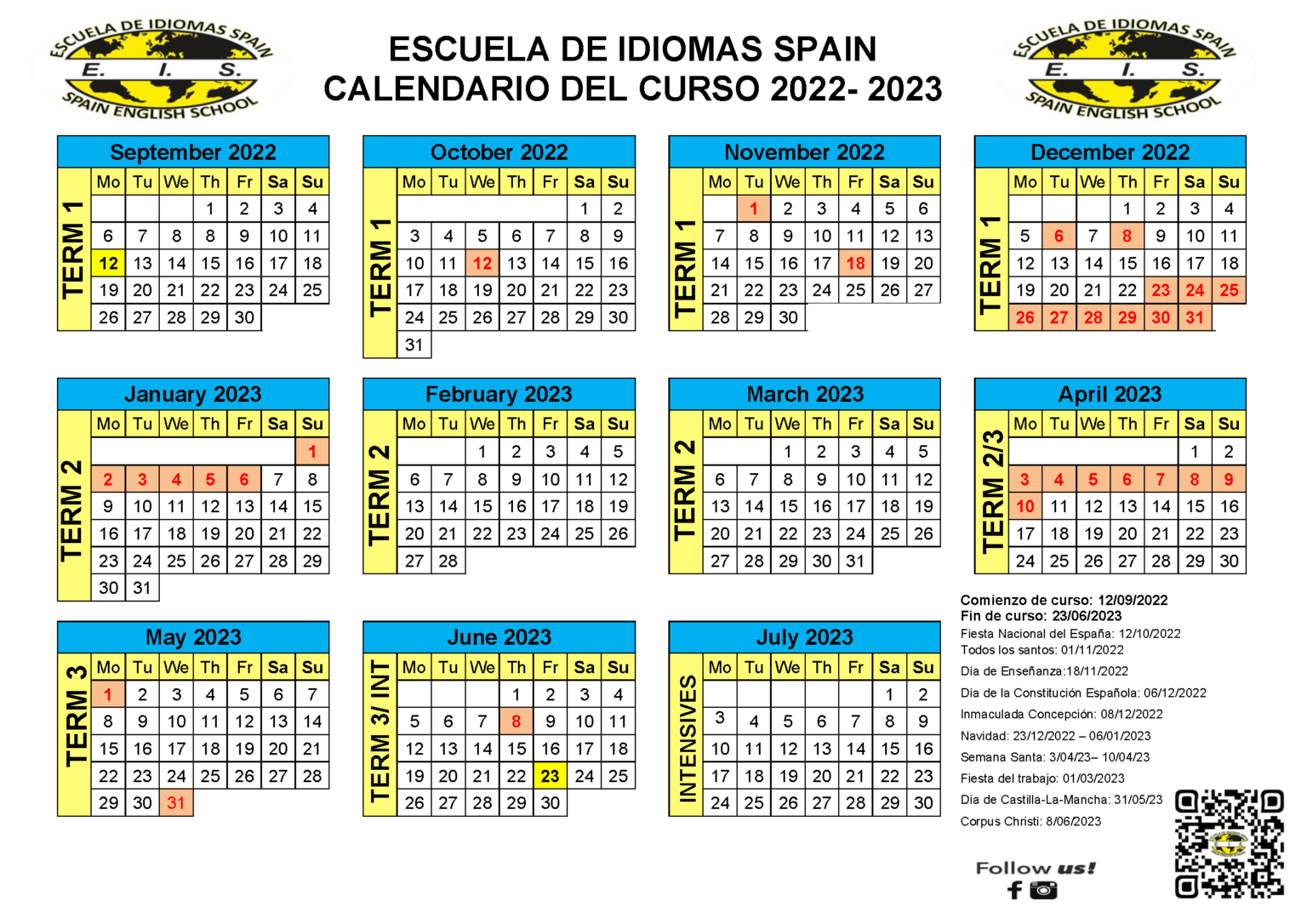 Calendario Escolar ESCUELA DE IDIOMAS SPAIN